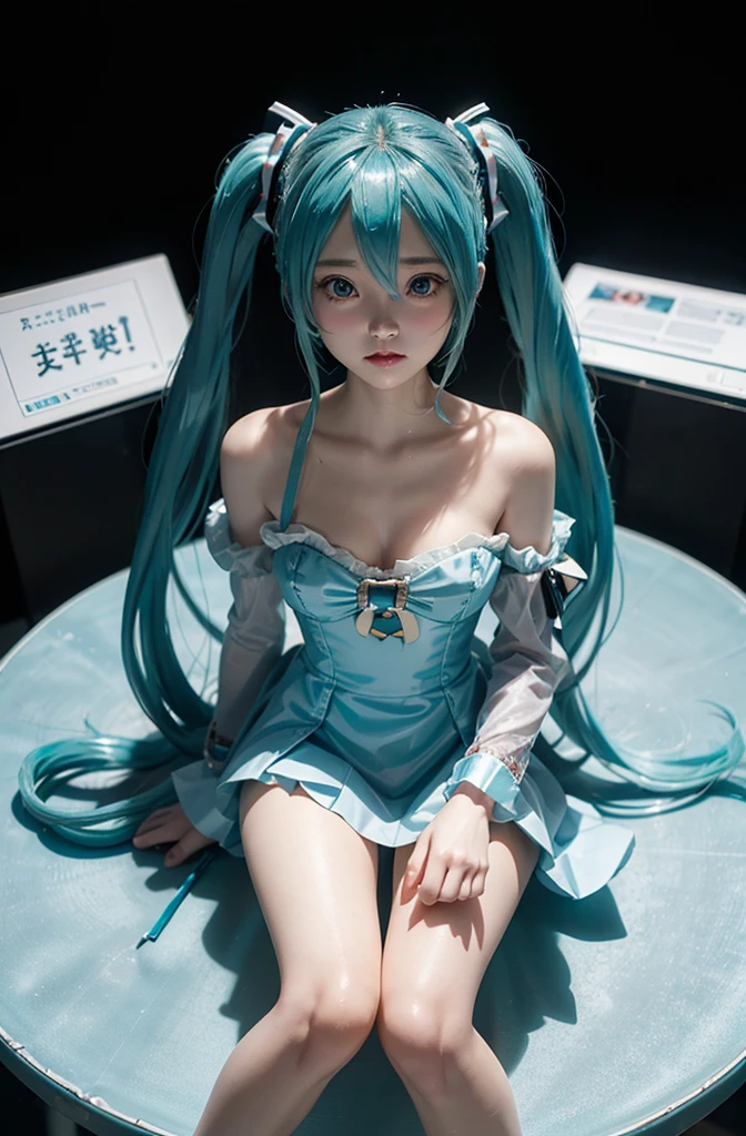 there is a doll sitting on a table next to a computer, mikudayo, pvc figurine, hatsune miku, pop up parade figure, miku, anime figurine, anime figure, she has pale blue skin!!!, white cyan, portrait of hatsune miku, rem rezero, anime peripheral, a happy meal toy of hatsune miku