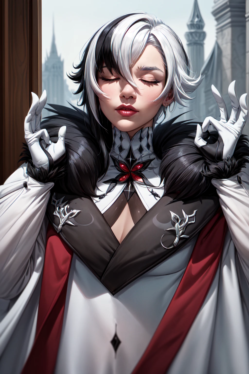 Very detailed, High quality, masterpiece, Beautiful, 1 girl, One, PachaMem, closed eyes, yes,harlequin, hair between eyes, black hair, White hair, short hair, coat, fur trim, fur-trimmed coat, (X-shaped eyes, Eyes in the shape of symbols, squint your eyes),