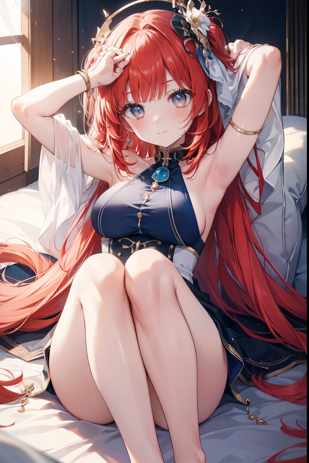 Niiro、blush,smile、Red hair、Usual clothes、Combat Uniform、Show me your armpits、Shoulder Bare、The clavicle is visible、Sexy thighs、Beautiful feet、Usual hairstyle、highest quality, High resolution, unity 8k wallpaper, (shape:0.8), (Beautiful and beautiful eyes:1.6), Highly detailed face, Perfect lighting, Extremely detailed CG, (Perfect hands, Perfect Anatomy),