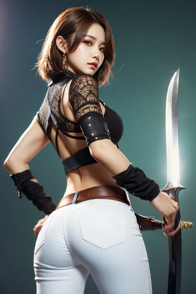 1girl, solo, short hair, brown hair, brown eyes, jewelry, weapon, ass, looking back, pants, sword, from behind, lips, sheathed, realistic，full body 