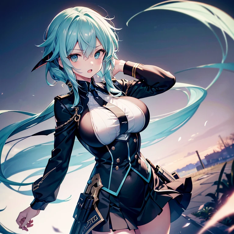 (Ultra close distance front open mouth shot), Sinon, typemoon, (fleeing:1.5), vivid, delicate, in garden, black military jacket, cool silk shirts, miniskirt, glamour style body, dynamic angle, (masterpiece, high quality, ultra detailed, high resolution, professional lighting, ultra HD, ultra 8k), (perfect anatomy, best proportion, detailed face, detailed eyes, detailed hair, detailed perfect hands, beautiful), (ultra detailed breast skin texture, ultra enormous gigantic breast expansion, ),