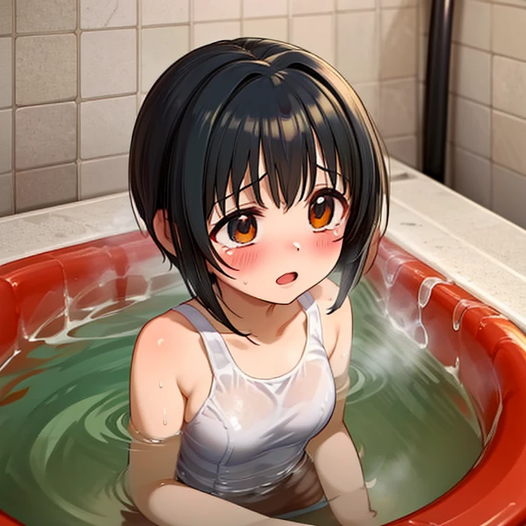 masterpiece,highest quality,Very detailed,One girl,alone,Scared,Panic,The pupils constrict,shout,Raise your eyebrows,Are crying,Eyes Wide Open, Swimsuit, One piece swimsuit, White swimsuit, Idol Master, Miho Kohinata, Black Hair, Short Hair, Watery eye, Punishment, Crying face, scream, I am in agony, Desperately struggling, whole body, shame, boiling water，steam, whole bodyが水槽の中, Bright red skin, Withstands the heat, Being boiled, Boiled in a pot,Ironing, Transparent bathtub, Constraints, Hanging