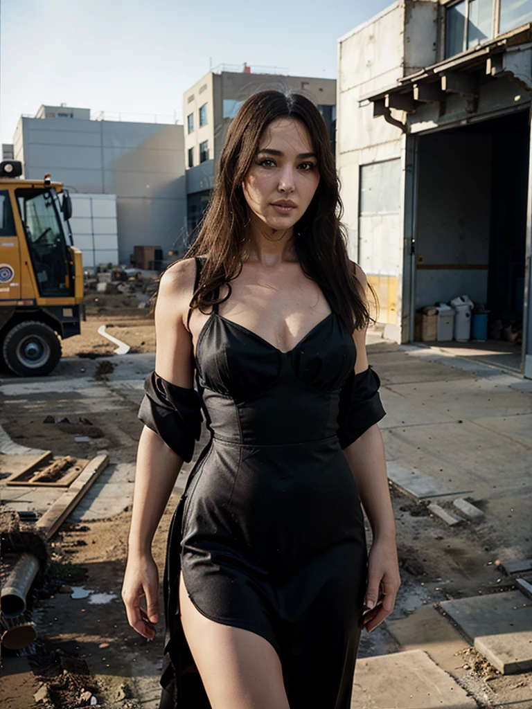 sfw, sfw, masterpiece, highres, extreme detailed, 1girl, beautiful Monica Bellucci wearing a long black evening dress, (m0nic4), photographed by Tim Walker, realistic, photography, working as a construction worker in city in Southern Texas, heavy construction equipment around on site, day, sunlight, directional lighting, Kodachrome film used for photography, analog photography, high quality textures, 