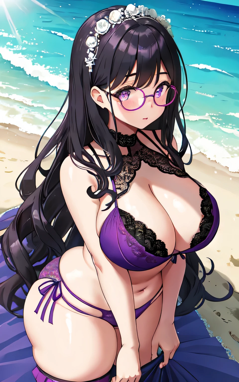 A 6--old l with big breasts, a plump body, round, wearing a purple wedding dress, a lace bikini, a lace cut-out, on the beach, glasses, and a thin tulle