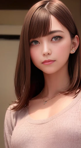 ((night, Realistic Light, highest quality, 8k, masterpiece: 1.3)), One girl, Slim Beauty: 1.4, Abdominal muscles: 1.1, (Brown Hair, Medium chest: 1.3), Pink long sweater: 1.1, Bathroom, Super Fine Face, Delicate eyes, double eyelid, smile, necklace