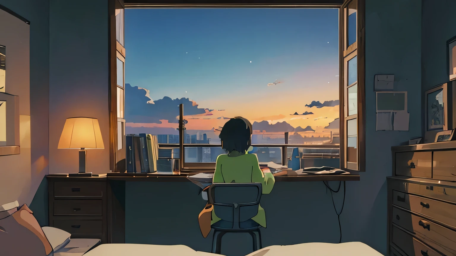 In the room at night,An adult woman is facing a computer,Outside the window are street lights, Makoto Shinkai, Beautiful anime scene, Makoto Shinkai, Cyril Rolland, Anime Background Art, Beautiful anime scenery, anime art wallpaper 4k, anime art wallpaper 4k, 4k anime wallpaper, anime wallpaper 4k, anime wallpaper 4k, Detail enhancements, Perfect detail handling.