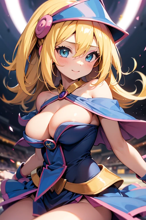 1girl,solo,masterpiece, Awards, high quality, High resolution, HD, 4K,8K,high quality,(professional illustration:1.1),look at viewer,(large breasts:1.5),Tight clothe,smile,anime,(li,pee),pov,reversal-views,(Uneven breasts,Breast biased by clothe:1.5),(Trisection of the breast:1.3),(fluffy breasts,tender breasts:1.3),Independently deformed breast,puffing out chest,Narrow cleavage,Dark Magician Girl,blond hair,off shoulder,skirt,breast focus,upperbody