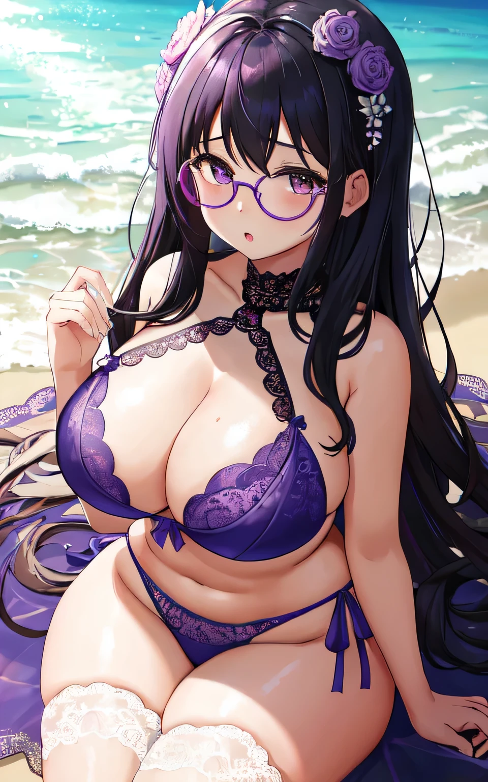 A  with big breasts, a plump body, round, wearing a purple wedding dress, a lace bikini, a lace cut-out, on the beach, glasses, and a thin tulle