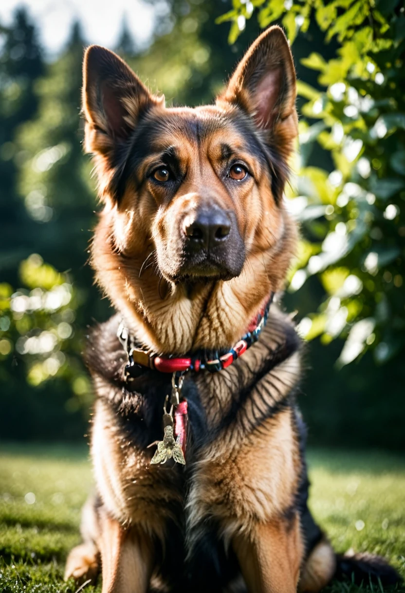 film photography style, best quality,ultra-detailed,HDR,animal photography, German shepherd color portrait, Linkedin profile picture, professional portrait photography by Martin Schoeller, by Mark Mann, by Steve McCurry, bokeh, studio lighting, canon lens, shot on dslr, megapixels, sharp focus, light grain