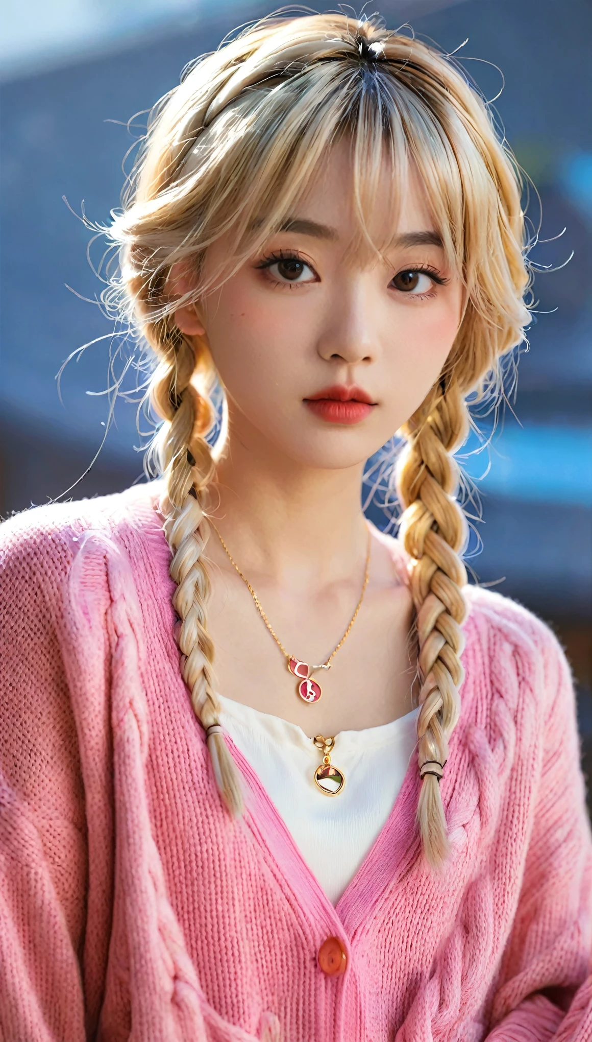 (((日本Animation片))), ((Animation)), (gal), Medium Length Hair, (Braided hair:1.3), (Bangs:1.2),Two-tone hair, Blonde Hair, (Pink Hair), Round Face, Red Eyes, (Drooping eyes), (((we say))),Pink lips,punching,necklace,[dark skin], A faint smile, ((((Lovely)))), beautiful, 1 girl, Solitary, (Cardigan:1.4), [Cleavage cut],Peace Sign,beautiful background,(classroom:1.5),night,Sunlight,Backlight,masterpiece,best quality,Beautifully,8K,absurd,Super beautiful illustrations,(looking at the audience)