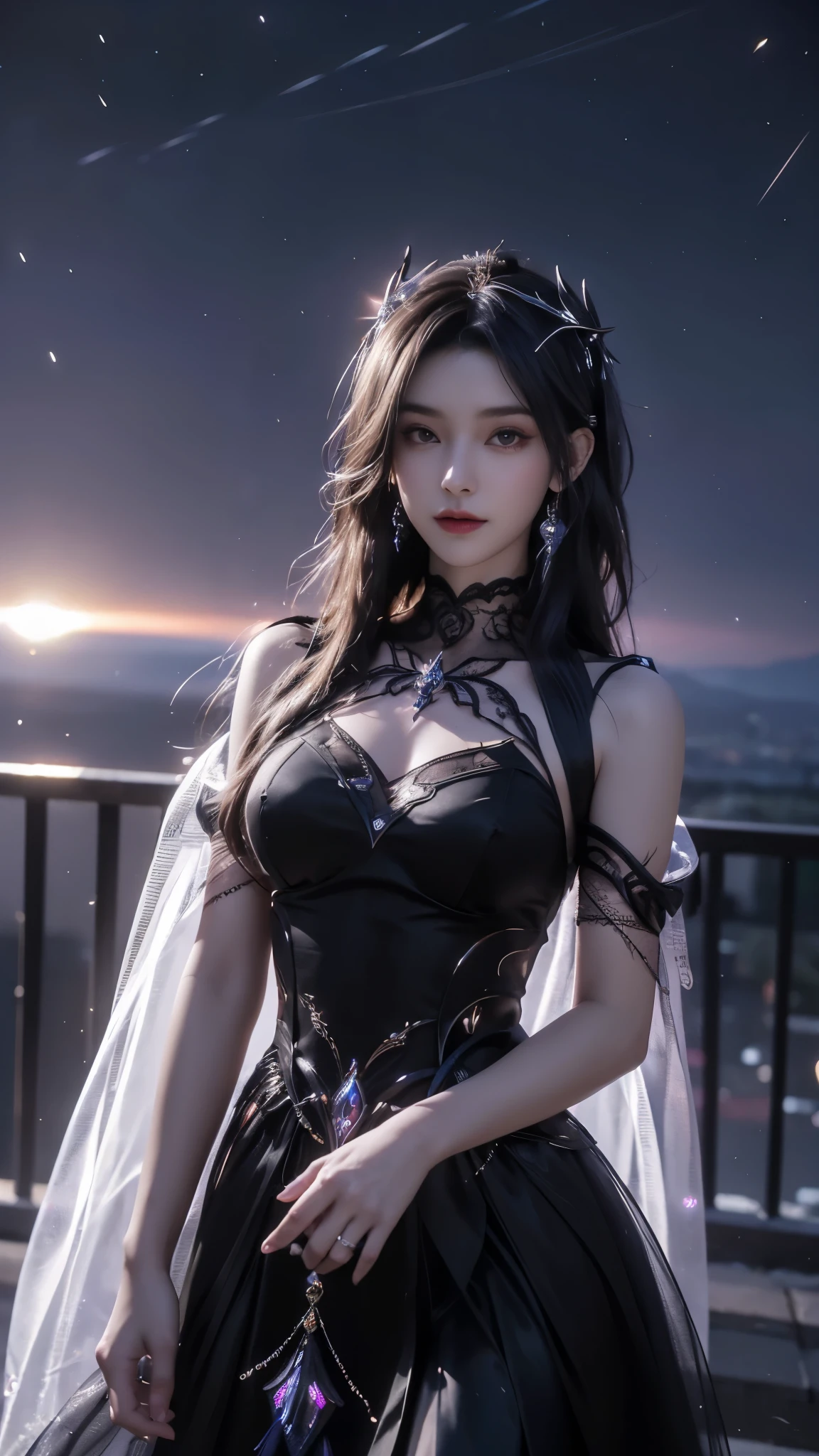 8K, UHD, MAsterpiece, best quality, 1 girl, ((realistic face)), happy pace, very long hair, small breasts, perfect waist, decorated dress, very beautiful ornaments dress, black color, ((lace)), mesh dress, mesh cape flowing, sardine, loops, ((ornaments)), legendary night balcony, ((night:1.5)), depth of field, cinematic lighting, chromatic aberration, motion blur, glowing light, god rays, ray tracing, ((reflection light)), backlighting, bloom, chromatic aberration abuse, multiple monochrome, (((front body))),