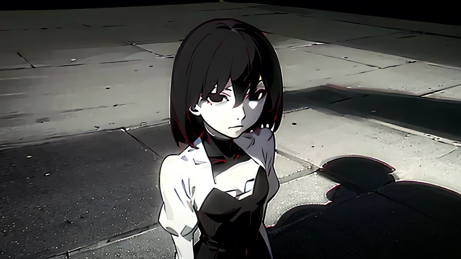 ((alone, Upper Body, Black background, Black and White, dark, Shadow)), girl standing in darkness, Black Hair, Straight hair, Hime cut, Even bangs, black eye, ((White skin, Black Dress, Small breasts, Cleavage, Expressionless)), 