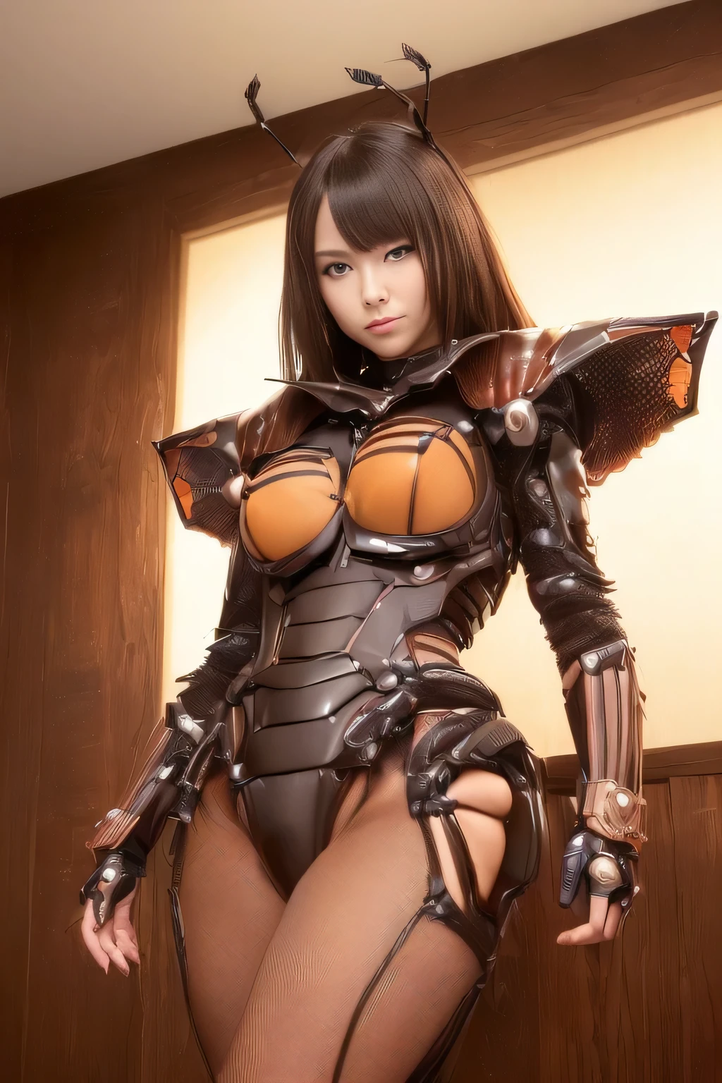 (high resolution,masterpiece,best quality,extremely detailed CG, anime, official art:1.4), realistic, photo, amazing fine details, all intricate, gloss and shiny,awesome many layers, 8k wall paper, 3d, sketch, kawaii, illustration,( solo:1.4), perfect female proportion,villainess, (fusion of dark brown cockroach and lady:1.4), (brown cockroach form lady:1.2), (brown cockroach lady:1.2), (fusion:1.2), (solo:1.4), (evil smile:1.2), muscular, abs, (cockroach brown exoskeleton bio insect suit:1.4), (cockroach brown exoskeleton bio insect armor:1.2), (brown transparency cockroach wing:1.4), (brown cockroach antennae:1.3),