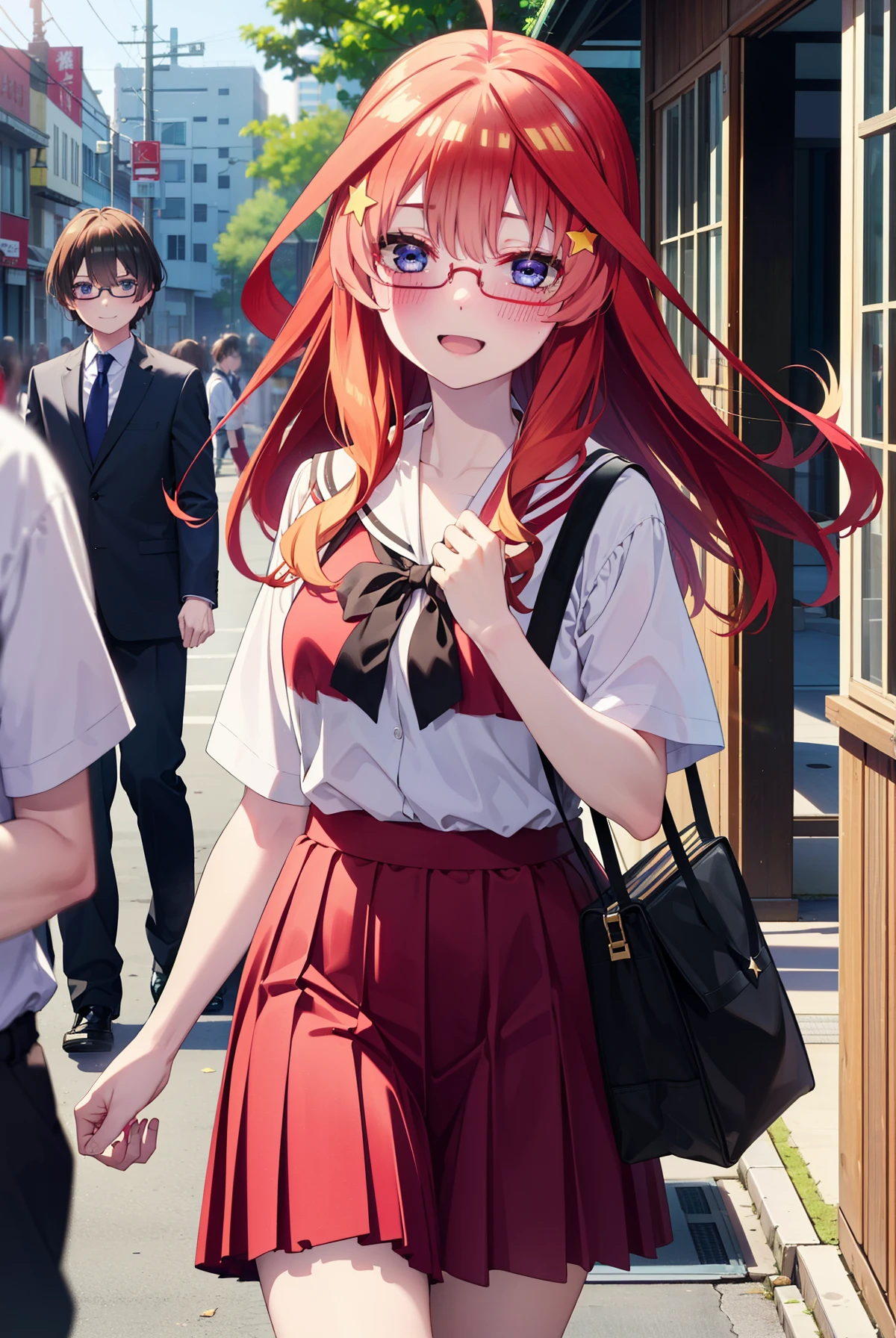 itsukinakano, Itsuki Nakano, bangs, blue eyes, Hair between the eyes, Ahoge, Redhead, star \(symbol\), hair ornaments, star 髪飾,blush,smile、happy smile, smile, Open your mouth,Akagi glasses,Japan High School Girl(Black sailor suit),black pleated skirt,Black knee-high socks,Brown loafers,Walking,morning,morning陽,The sun is rising,whole bodyがイラストに入るように,Walking
break outdoors, In town,Building district,
break looking at viewer, whole body,
break (masterpiece:1.2), highest quality, High resolution, unity 8k wallpaper, (figure:0.8), (Beautiful fine details:1.6), Highly detailed face, Perfect lighting, Highly detailed CG, (Perfect hands, Perfect Anatomy),