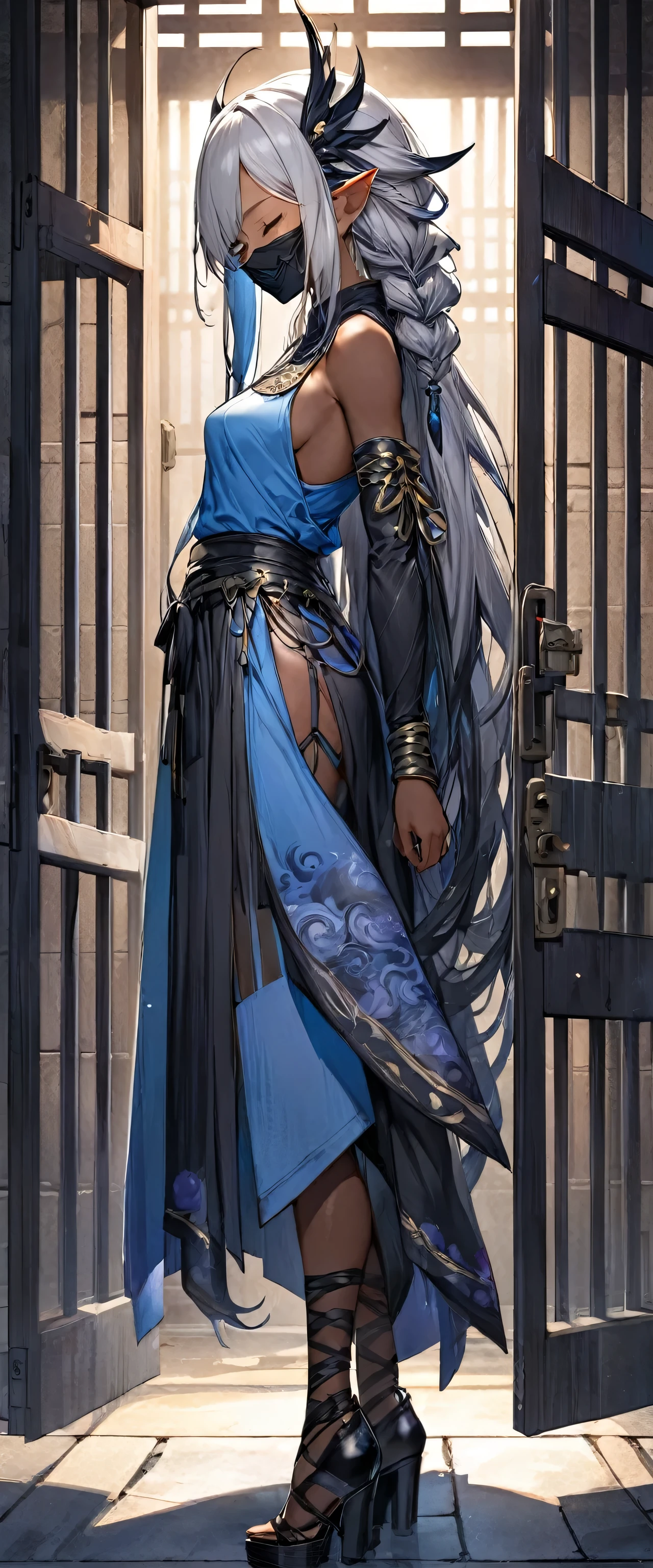 panoramic ((Ninja elf woman style)), side view ((in a ninjai Costume, black mask)) solo ((black skin)) (Dreadlocks:1.3 silver hair long hair beautiful elf woman, detailed closed eyes, 1000 yo, serious face), (standing from prison door), BREAK, (in the Temple of evil gods, in night), (background a Prison)perfect anatomy, masterpiece, best quality, 16k.