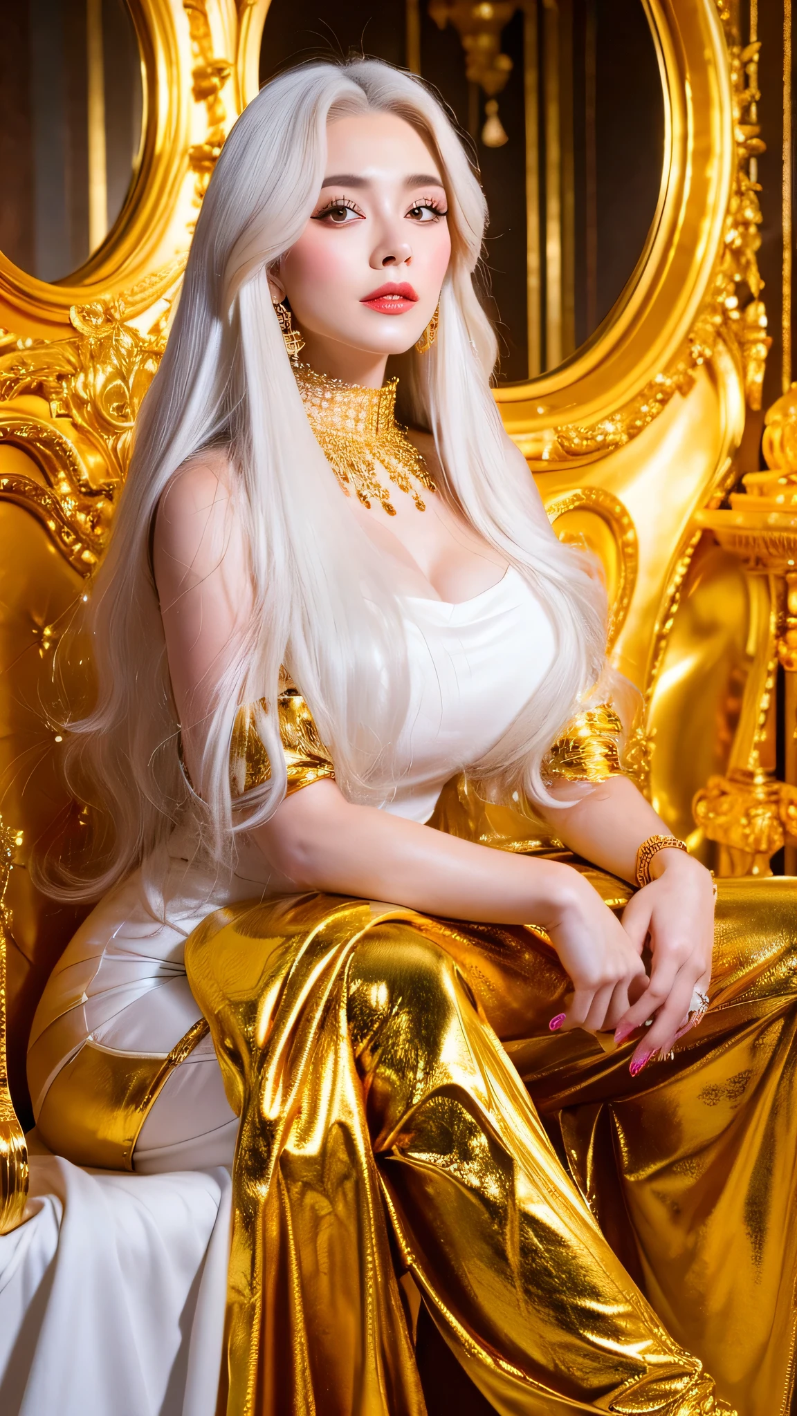 A cute beautiful hot sexy woman sitting on a throne made of gold in white lavish dress  white hairs close up raw 8k highest quality 