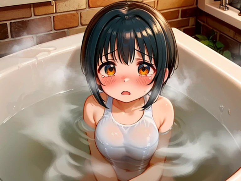 masterpiece,highest quality,Very detailed,One girl,alone,Scared,Panic,The pupils constrict,shout,Raise your eyebrows,Are crying,Eyes Wide Open, Swimsuit, One piece swimsuit, White swimsuit, Idol Master, Miho Kohinata, Black Hair, Short Hair, Watery eye, Punishment, Crying face, scream, I am in agony, Desperately struggling, whole body, shame, boiling water,steam, whole bodyが水槽の中, Bright red skin, Withstands the heat, Being boiled, Boiled in a pot,Ironing, Transparent bathtub, Constraints, Hanging