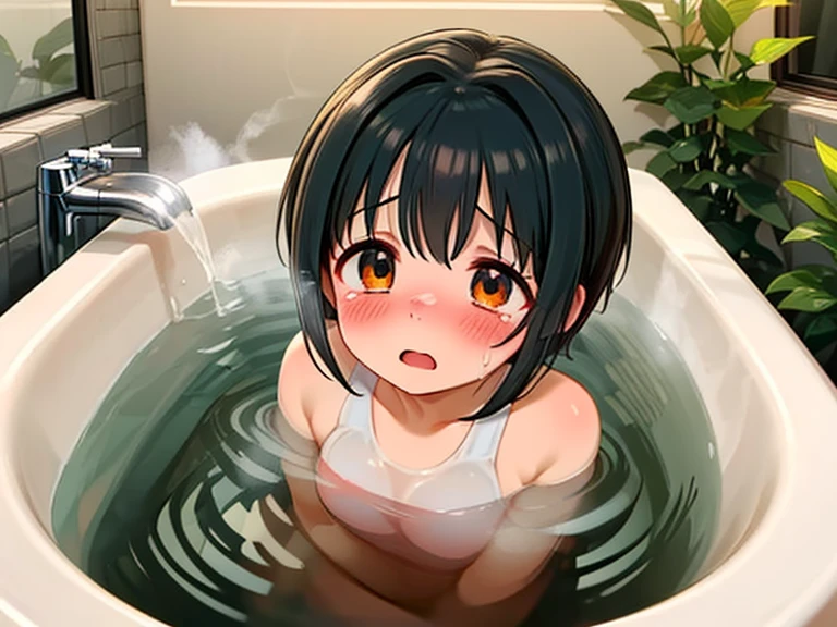 masterpiece,highest quality,Very detailed,One girl,alone,Scared,Panic,The pupils constrict,shout,Raise your eyebrows,Are crying,Eyes Wide Open, Swimsuit, One piece swimsuit, White swimsuit, Idol Master, Miho Kohinata, Black Hair, Short Hair, Watery eye, Punishment, Crying face, scream, I am in agony, Desperately struggling, whole body, shame, boiling water,steam, whole bodyが水槽の中, Bright red skin, Withstands the heat, Being boiled, Boiled in a pot,Ironing, Transparent bathtub, Constraints, Hanging