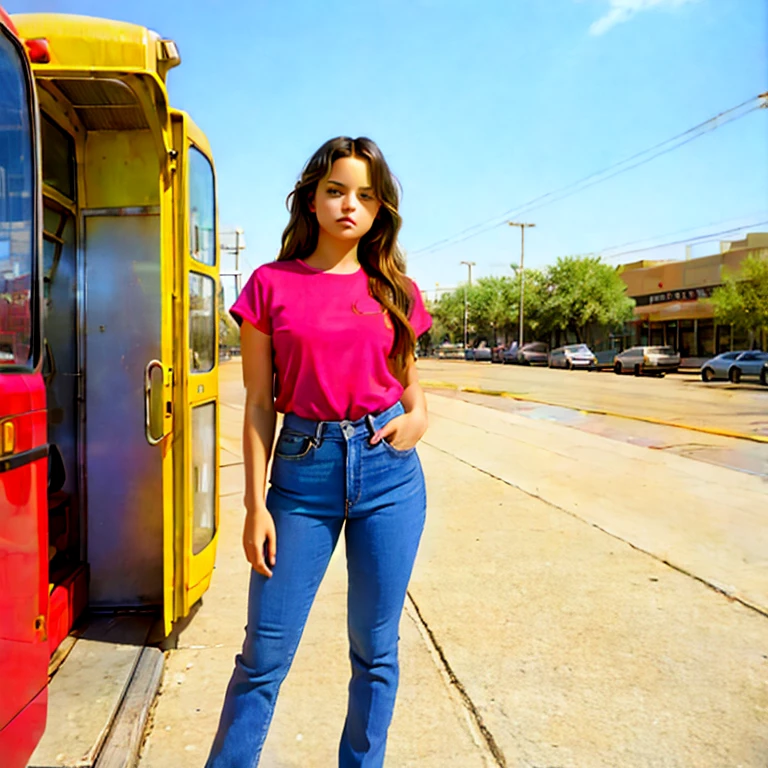 (masterpiece, best quality:1.2), 1girl, (DRM, Demi), solo, standing at a bus station in Texas, near city block, waiting for bus, wearing jeans and top, day, sunlight, shadows, vibrant colors, photograph by william eggleston, realistic, highres photograph, contrasting color combination, analog film photo, crystal clear, directional lighting, 