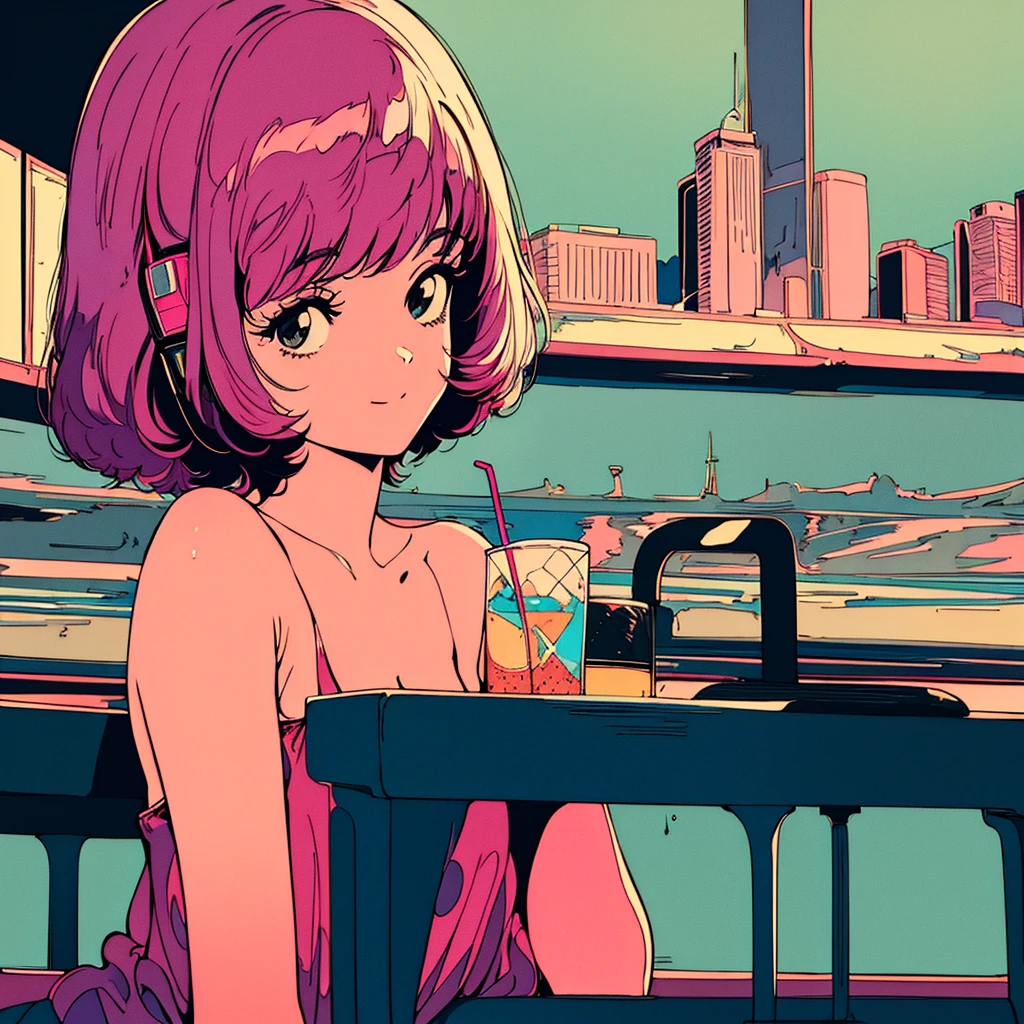 masterpiece, City Pop Style, Pink Hair, fluffy bob cut, Wearing headphones, Shoulder length, alone, Futuristic, still, praise, Retro, Vintage, Ghost, A light smile, 
Drinking cocktails at a jazz bar, (( Wide Shot)), ((Wet day)),Aspect Ratio 16:9