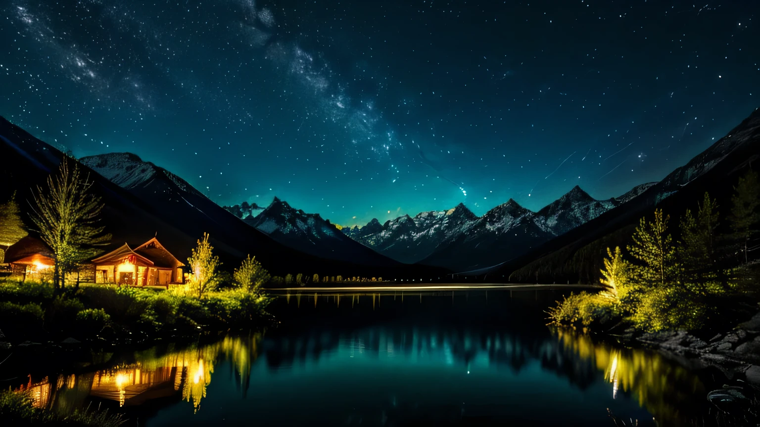 Very detailed, high quality, masterpiece, beautiful, night, (Dark Environment), Mountain々, water, wood, 