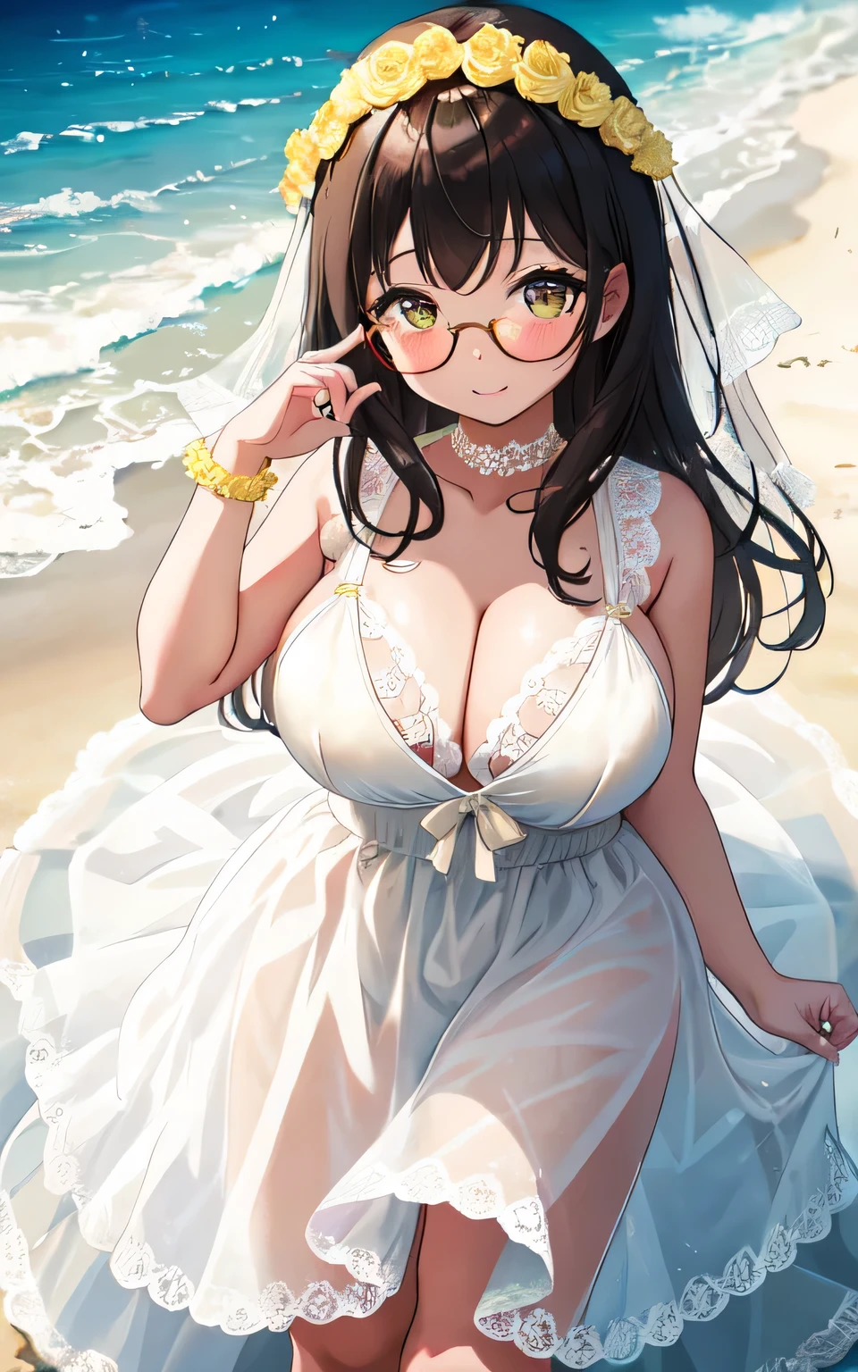 A 6--old l with big breasts, plump figure, round, dressed in a baby ye wedding dress, lace bikini, bikini with lace cutouts, on the beach, glasses and wearing a thin tulle