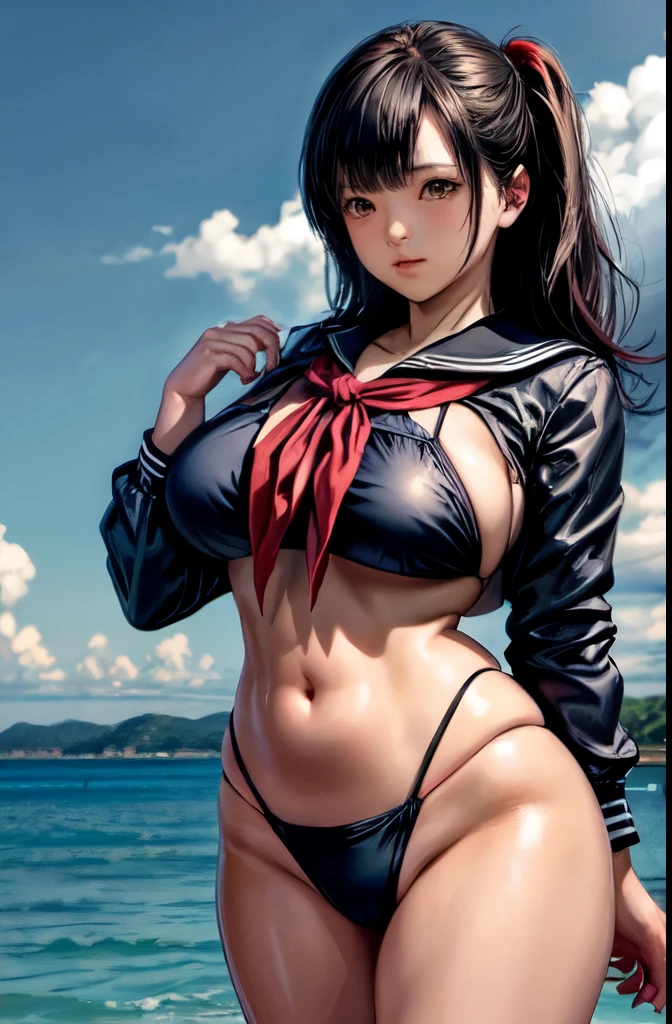 masterpiece, highest quality, High resolution, Ichigoya, alone, , serafuku, Black sailor collar, Red neckerchief, Black Shirt, Swimwear、Bikini pants , Super big ,pubic hair
