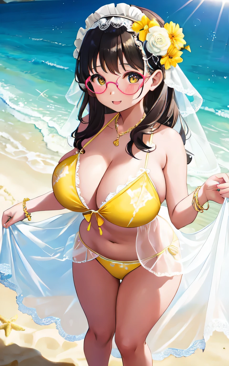A with big breasts, plump figure, round, dressed in a baby yellow wedding dress, lace bikini, bikini with lace cutouts, on the beach, glasses and wearing a thin tulle