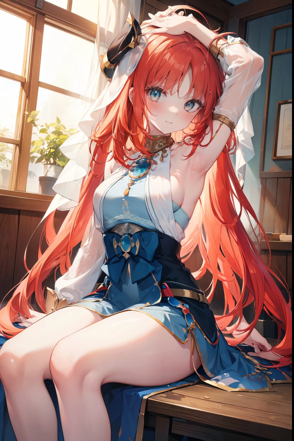 Niiro、blush,smile、Red hair、Long Hair、Usual clothes、Combat Uniform、Show me your armpits、Shoulder Bare、The clavicle is visible、Sexy thighs、Beautiful feet、Usual hairstyle、highest quality, High resolution, unity 8k wallpaper, (shape:0.8), (Beautiful and beautiful eyes:1.6), Highly detailed face, Perfect lighting, Extremely detailed CG, (Perfect hands, Perfect Anatomy),