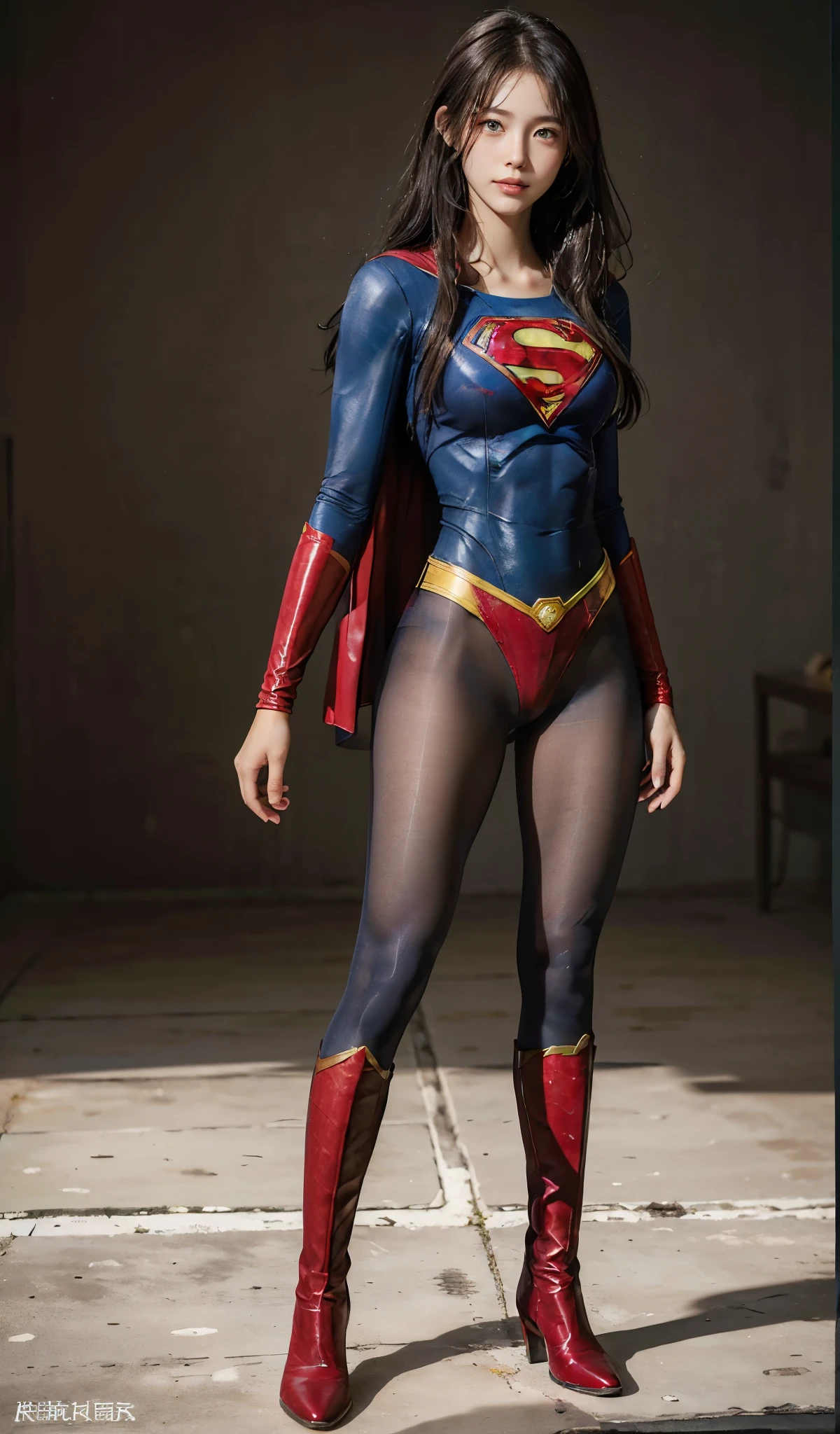 No background、(((Beautiful legs in black tights.)))、(((Legally express the beauty of your smile)))、((((Make the most of your original images)))、(((Supergirl Costume)))、(((Beautiful Hair)))、(((suffering)))、(((Please wear black tights....、Wear red boots)))、((Best image quality、8k))、((highest quality、8k、masterpiece:1.3))、(((Preserve background )))、Sharp focus:1.2、Beautiful woman with perfect figure:1.4、Slim Abs:1.2、Wet body:1.5、Highly detailed face and skin texture、8k