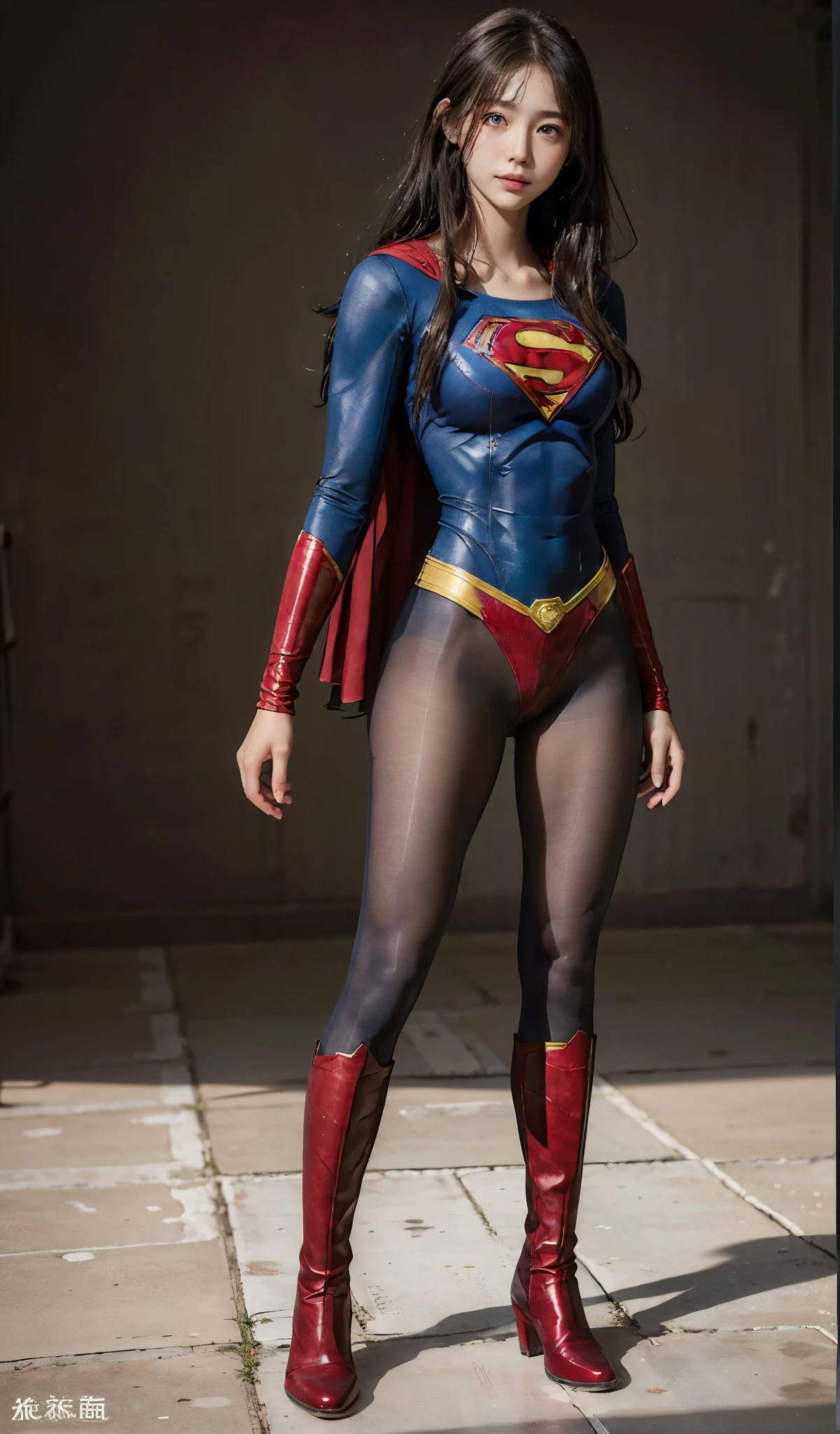 No background、(((Beautiful legs in black tights.)))、(((Legally express the beauty of your smile)))、((((Make the most of your original images)))、(((Supergirl Costume)))、(((Beautiful Hair)))、(((suffering)))、(((Please wear black tights....、Wear red boots)))、((Best image quality、8k))、((highest quality、8k、masterpiece:1.3))、(((Preserve background )))、Sharp focus:1.2、Beautiful woman with perfect figure:1.4、Slim Abs:1.2、Wet body:1.5、Highly detailed face and skin texture、8k