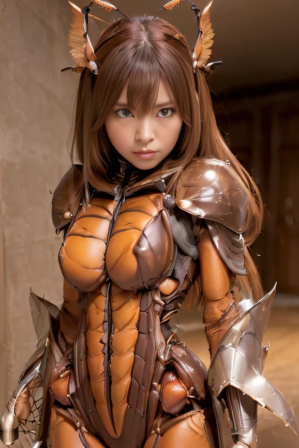 (high resolution,masterpiece,best quality,extremely detailed CG, anime, official art:1.4), realistic, photo, amazing fine details, all intricate, gloss and shiny,awesome many layers, 8k wall paper, 3d, sketch, kawaii, illustration,( solo:1.4), perfect female proportion,villainess, (fusion of dark brown cockroach and lady:1.4), (brown cockroach form lady:1.2), (brown cockroach lady:1.2), (fusion:1.2), (solo:1.4), (evil smile:1.2), muscular, abs, (cockroach brown exoskeleton bio insect suit:1.4), (cockroach brown exoskeleton bio insect armor:1.2), (brown transparency cockroach wing:1.4), (brown cockroach antennae:1.3),