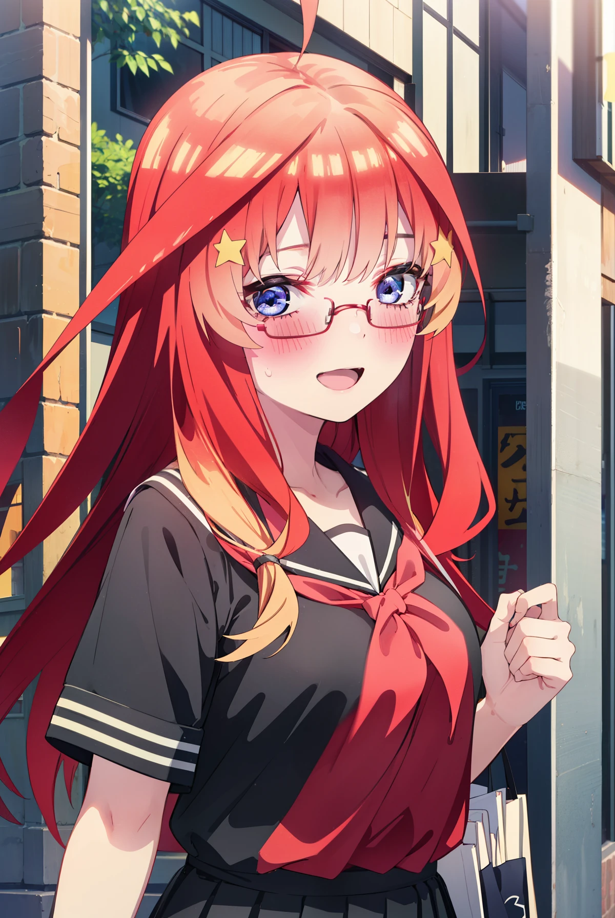 itsukinakano, Itsuki Nakano, bangs, blue eyes, Hair between the eyes, Ahoge, Redhead, star \(symbol\), hair ornaments, star 髪飾,blush,smile、happy smile, smile, Open your mouth,Akagi glasses,Japan High School Girl(Black sailor suit),Short sleeve,black pleated skirt,Black knee-high socks,Brown loafers,Walking,morning,morning陽,The sun is rising,whole bodyがイラストに入るように,Walking
break outdoors, In town,Building district,
break looking at viewer, whole body,
break (masterpiece:1.2), highest quality, High resolution, unity 8k wallpaper, (figure:0.8), (Beautiful fine details:1.6), Highly detailed face, Perfect lighting, Highly detailed CG, (Perfect hands, Perfect Anatomy),