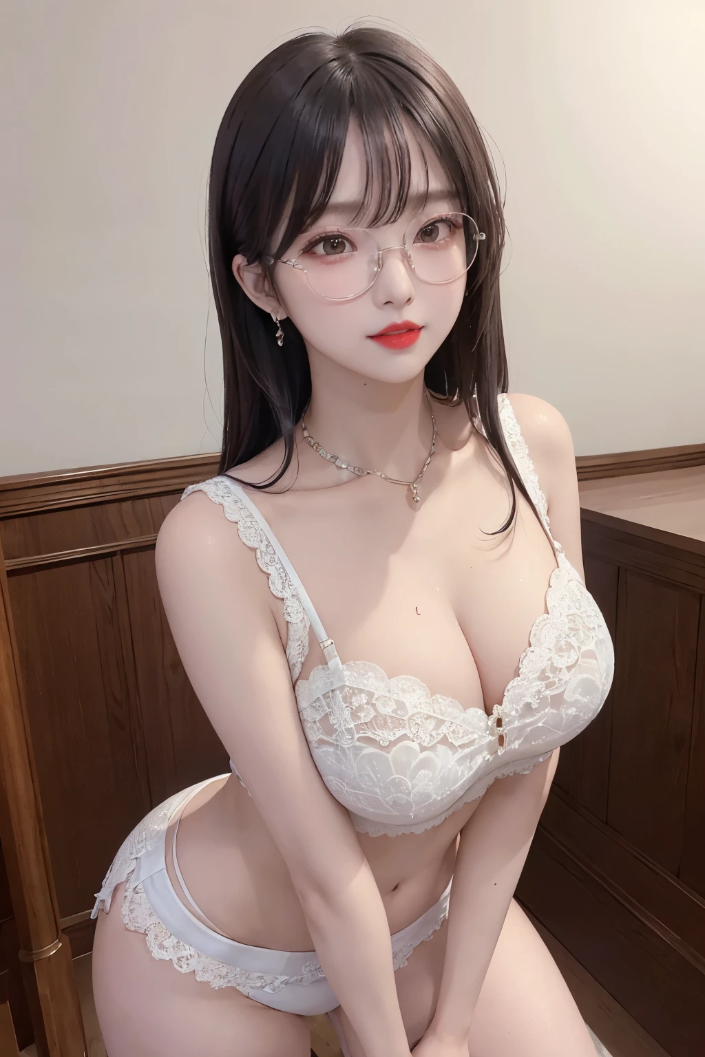 A sexy and charming korea woman, legs thrown back, elegant and intellectual, confident and generous, exquisite and beautiful face, exquisite collarbone, charming fragrant shoulders, navel, full body wet photo, body facing the front, beautiful and exquisite pretty face, peach Red lips, fragrant shoulders slightly exposed, super big breasts looming, focus on the face, seductive and delicate collarbone, ultra-high resolution, tender and smooth skin, very realistic details, bokeh, Bright Background, ultra-high-definition, outstanding details, 8K, blushing face, Attractive collarbone, sexy shoulders, one person, wet bob hair, ponytail long hair, smile with teeth, clothes((luxury lace crop top and lace boxers with deep cleavage, luxury necklace):1.2), high detail, shiny skin, (standing pose:1.5), light smile, beauty glasses,