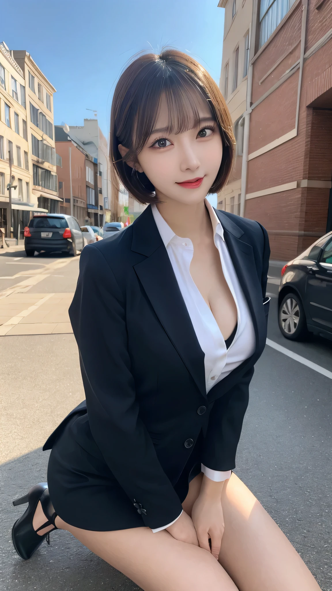Tabletop, highest quality, Photorealistic, In detail, High resolution, 8k wallpaper, Perfect dynamic composition,Perfect Anatomy,A woman with a perfect body, Beautiful fine details, short hair, Small breasts, Random sexy poses, Secretary-style suit,Laughter, Cityscape, 22 years old, drooping eyes, Adult Beauty, {{Point your butt towards me to emphasize it}}