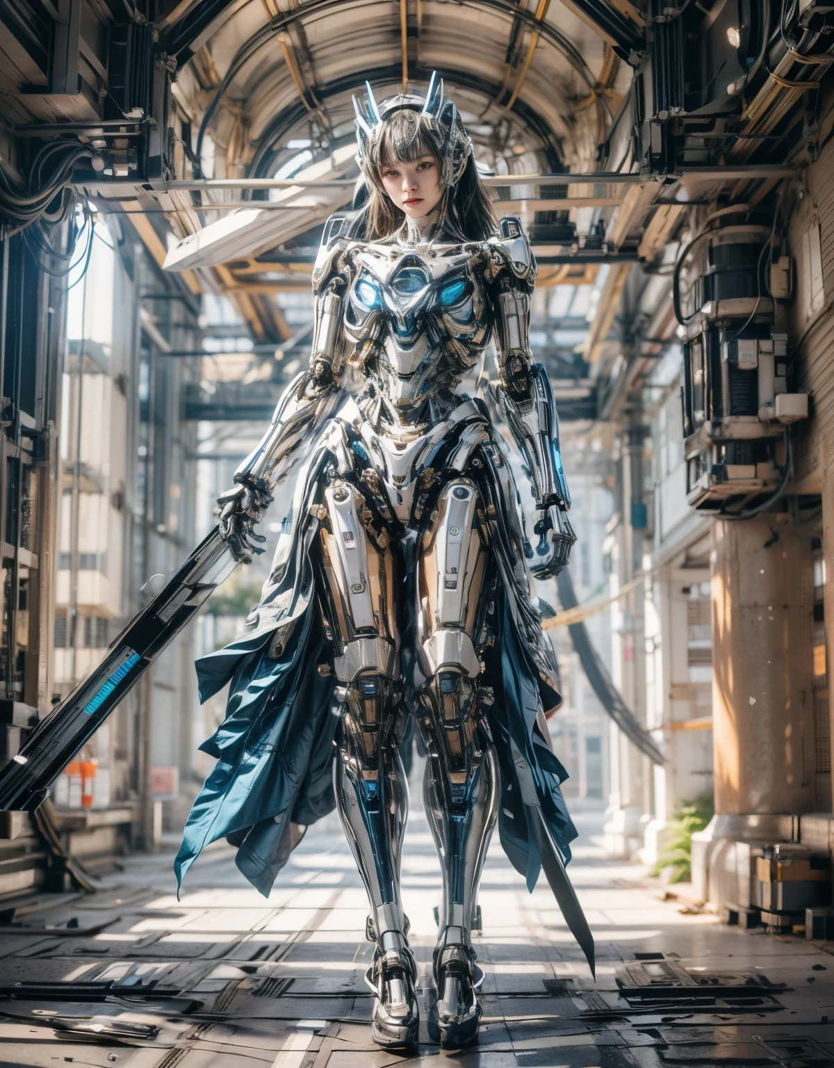 (best quality:1.2), 8k, highres, octan render, (masterpiece), extremely ultra detail, cyborgized Japanese woman, extremely ultra cute face, , skinny body, flat chest,  (blue metallic mechanical frame:1.5), (Power cables connected throughout the body), detaile up, Instead of hair, there are cables growing out of it, mechanical fusion, mechanical skeleton, bio mechanics, mechanical life-form, highly intricate detail, extremely ultra real texture, human-like skin, realistic hair, ultra realistic details, professional lighting, (realistic:1.4), (RAW photo:1.2), (photorealistic:1.37)