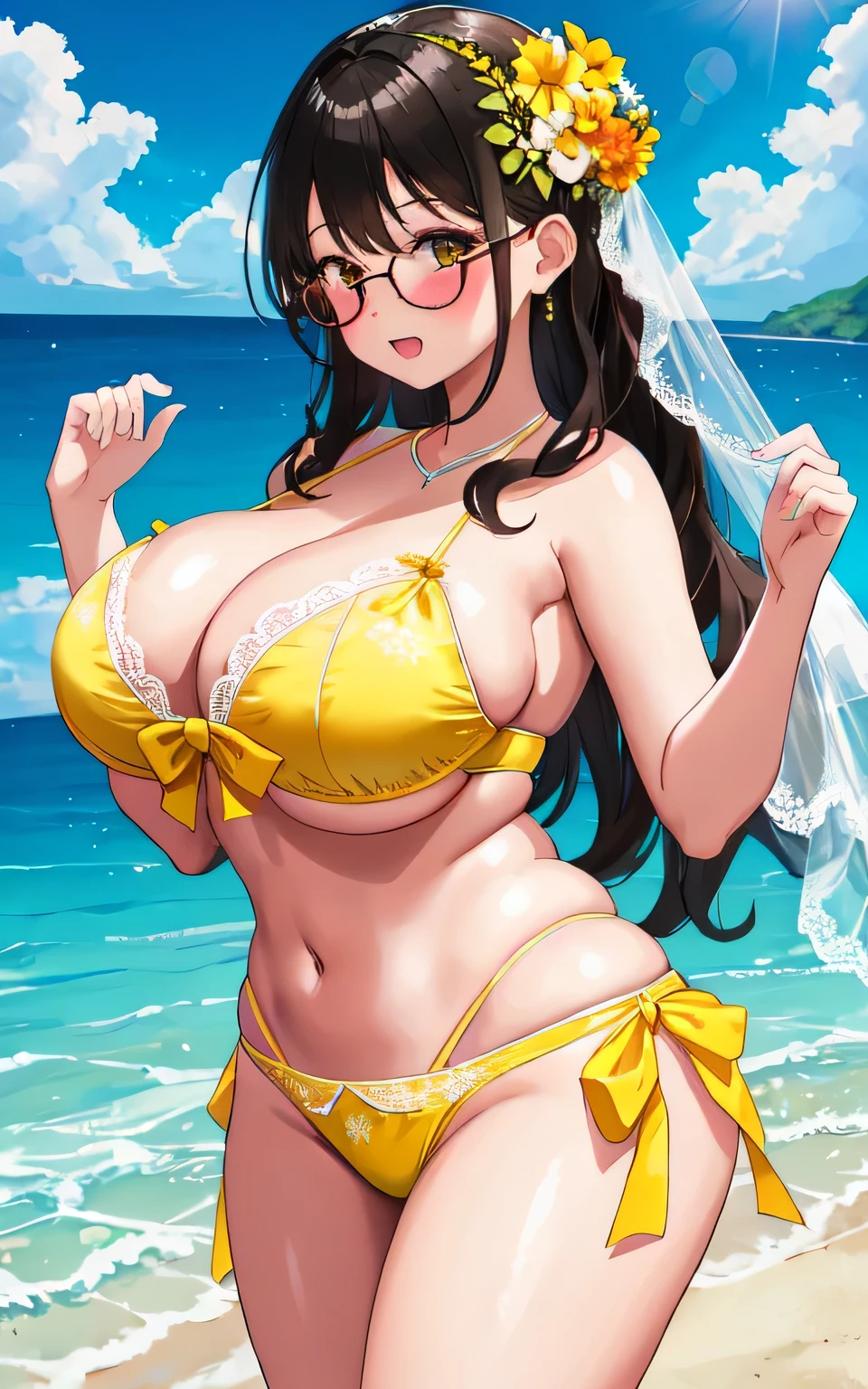 A 6-year-old girl with big breasts, plump figure, round, dressed in a baby yellow wedding dress, lace bikini, bikini with lace cutouts, on the beach, glasses and wearing a thin tulle