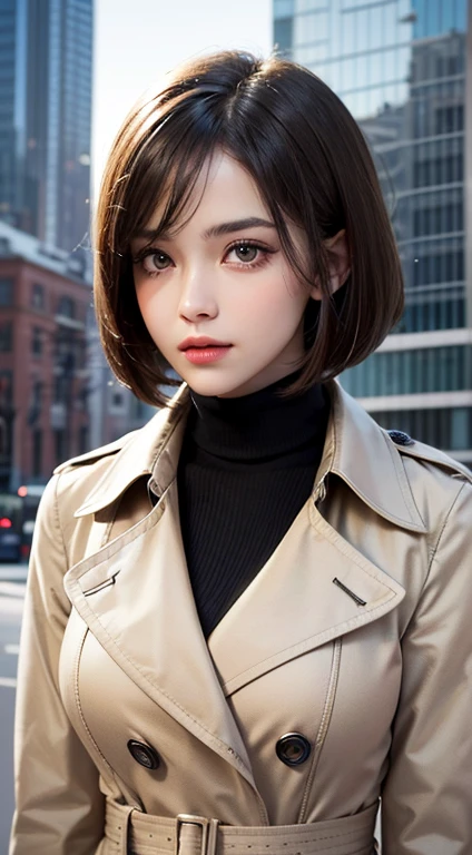 (UHD, retina, masterpiece, accurate, anatomically correct, textured skin, super detail, high details, high quality, best quality, high res, 1080P, HD, 4K, 8k, 16k), (beautiful detailed eyes, beautiful detailed lips, extremely detailed eyes and face), studio lighting, physically-based rendering, vivid colors, (large breasts, glamorous body), (beige trench coat, turtleneck sweater), (portrait, bob cut, shiny hair, shiny skin, blush), (a glass building that reflects the lights of buildings and the city, bokeh), eye reflection,