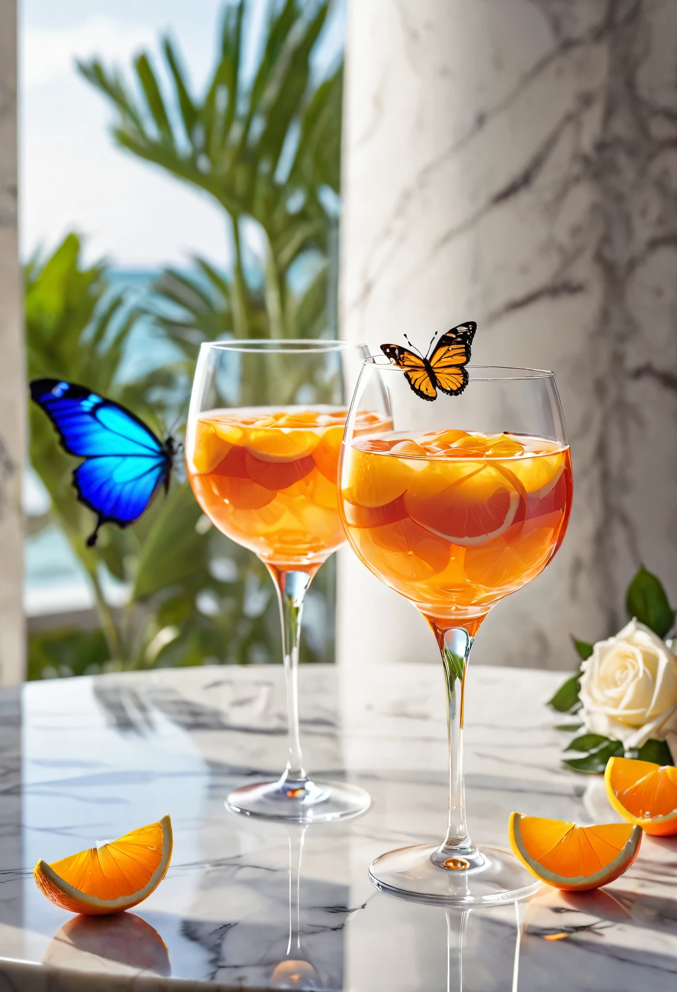 realistic woman、phot、beach, (masterpiece, best quality:1.2) minature sun on a pedestal. oranges on a white marble table, deep purple velvet drapes, 8k, photography style,2 glasses with orange bioluminescent fluid in them, on a white marble table, bioluminescent, colorfull, glow, fluid, glowing, Appetizing, professional, culinary, high-resolution, commercial, highly detailed,neon hue, full of color, 1 white rose between glasses, sunlite background, radiant sunlight, 8k ,Artistic and beautiful image of a girl butterfly with flowing golden hair, piercing blue eyes, wearing a flowing gown adorned with intricate floral patterns. Ethereal lighting accentuates her features as she strikes an elegant pose, emanating grace and allure. The scene is set against a backdrop of soft shadows and a dreamy bokeh background, creating a mesmerizing atmosphere. High resolution ensures every detail is captured with clarity and precision. (masterpiece, best quality:1.2) minature sun on a pedestal. oranges on a white marble table, deep purple velvet drapes, 8k, photography style,2 glasses with orange bioluminescent fluid in them, on a white marble table, bioluminescent, colorfull, glow, fluid, glowing, Appetizing, professional, culinary, high-resolution, commercial, highly detailed,neon hue, full of color, 1 white rose between glasses, sunlite background, radiant sunlight, 8k , 12 white roses, no red roses, sun on a pedestal. in keywest at sunset, on a beach, there are 12 only white roses,