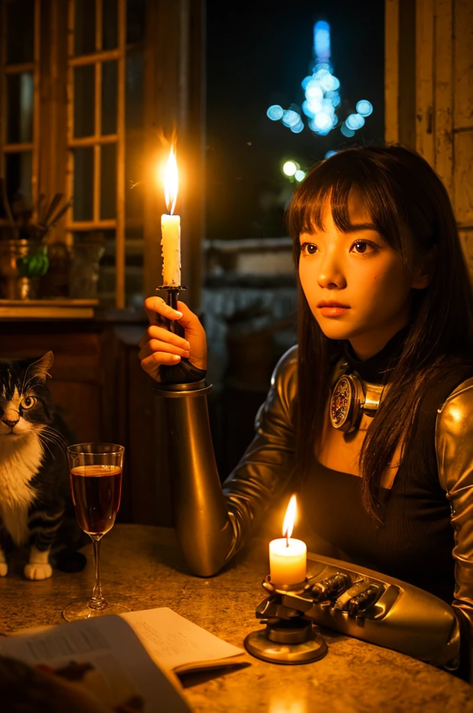 "Steampunk girl with cat robot companion, Relax in a candlelit room, Eye contact with viewers, Shot at wide angle."