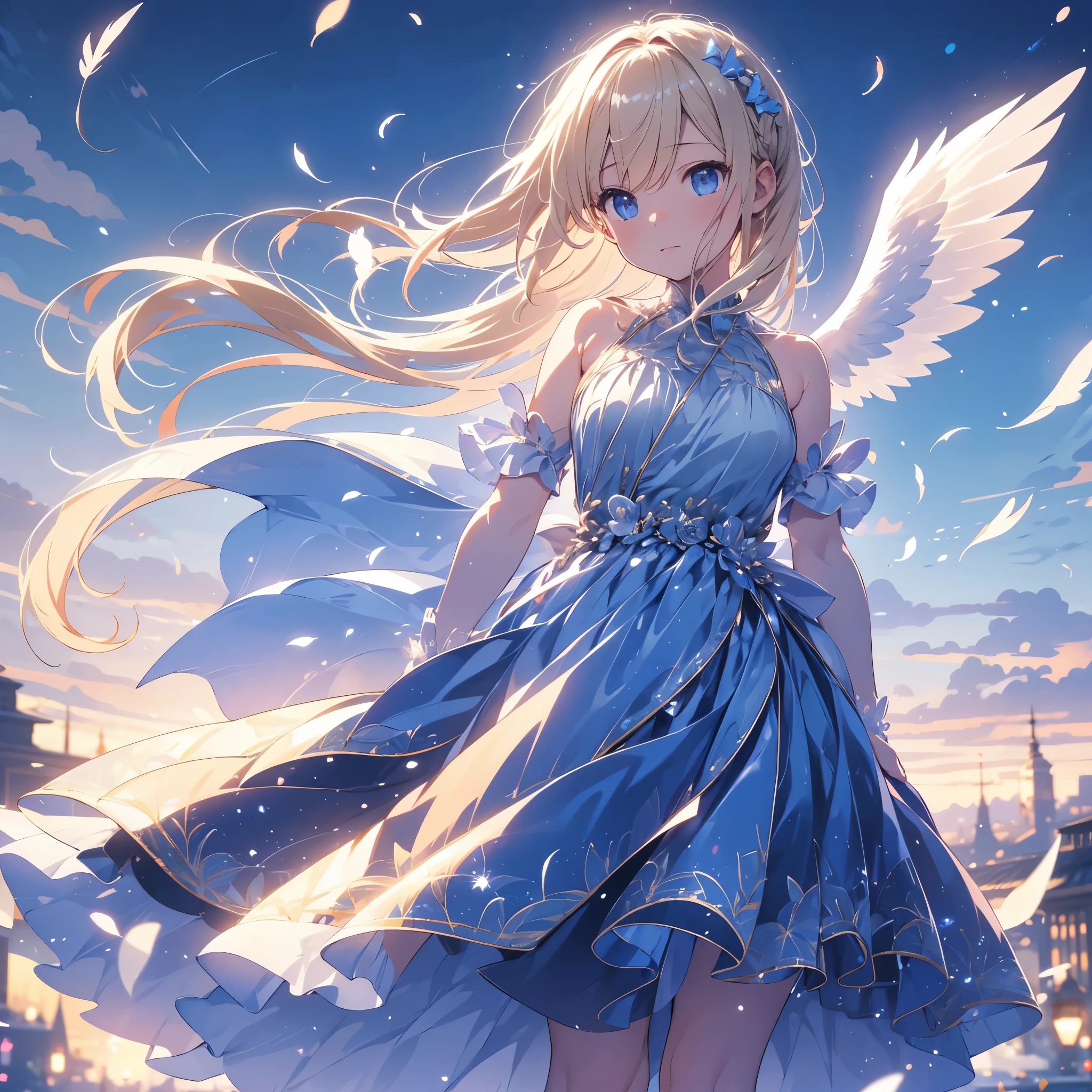 fterimage, bokeh, blurry foreground, wide shot, UHD, retina, masterpiece, high details, best quality, highres, 4K,god々In a cool atmosphere、A blonde angel descends from the sky、White feathers fluttering around、Angel wings spread out on my back、The background is blue sky