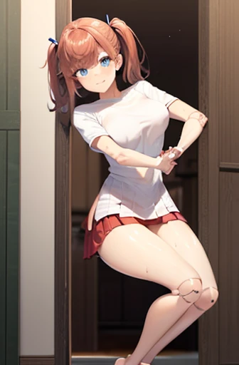 A Female robot grabs her ass, spread legs, nude, banzai pose. she wears no dress. She Brown short hair is tied with two big red clothespins, She lifts up the under hem of her white plain dress, leaning over, masterpiece, very short pigtails,brown hair, mature, android, blue eyes, full body figure, Height: 160cm, flushed cheeks, 2020s anime picture, A beautiful robot with short brown hair in two short pigtails held up by two very large huge red clothespins, Uplifting, No NSFW, whole body, barefoot, archaic smile, getting orgasm, 25 years old, sweat bucket. short sleeve shirt, pleated skirt, beautiful scenery, evening, skirt lift, no panties, genitals visible, full body shot, sexy face. between mirrors, floating hair, looking away. She wears hot pants. She has broken hardly by enemy. 