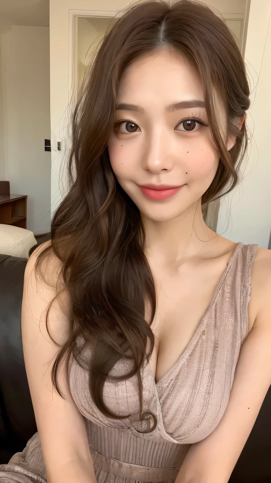 ((highest quality, 8k, masterpiece: 1.3)), 1 female, Japanese Idol,Sensual beauty: 1.3, (Hair style Brown hair Medium wave, big: 1.2), Nightwear: 1.1, A very friendly face, Delicate eyes, double eyelid, Dimples,Mole, Sit on the sofa,relax,smile,Plump body,