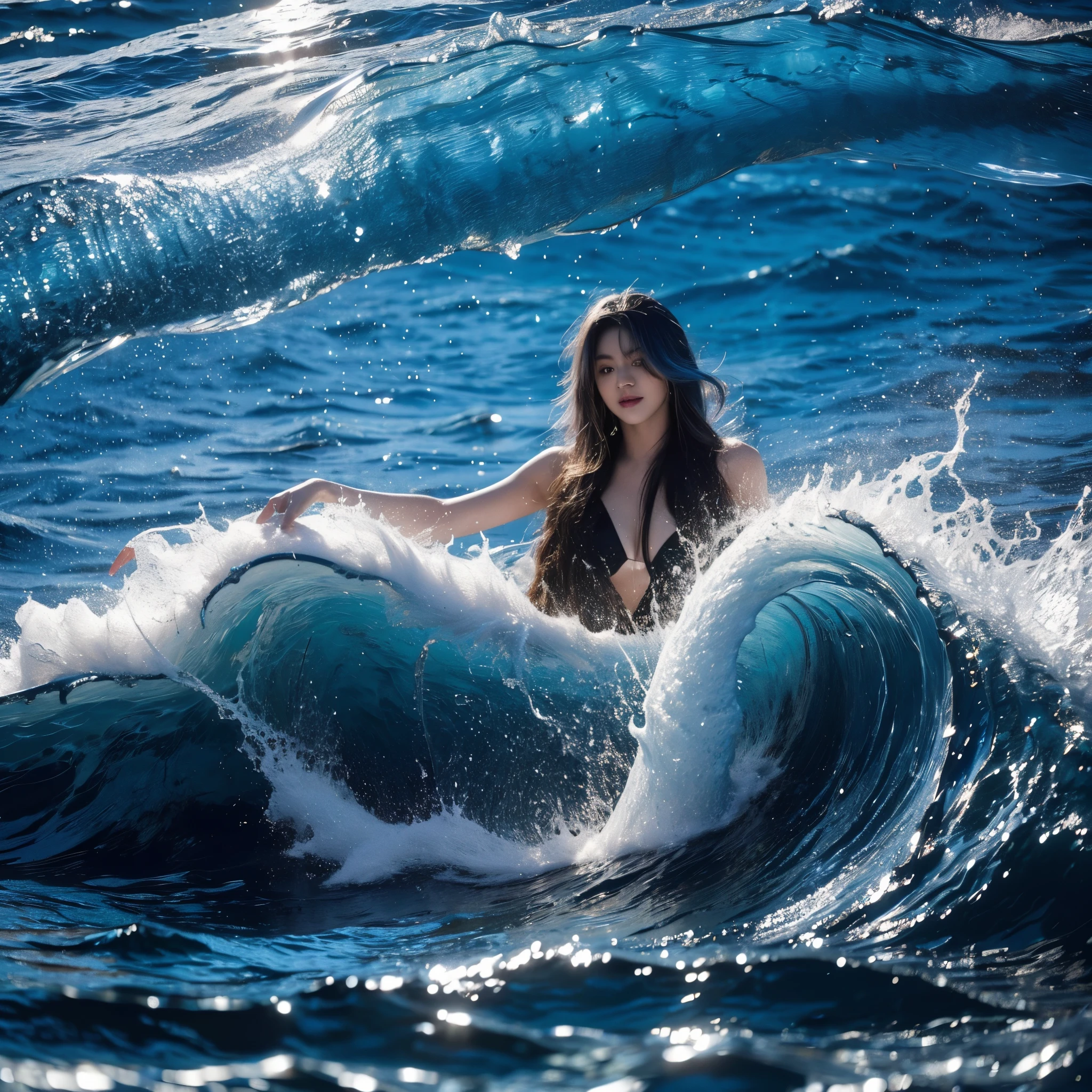 (8k RAW Photo, high detail, crisp detail, rich detail), vonzy, vonnyfelicia, blue haired, young sea goddess, splitting sea, creating big tidal wave in the middle of ocean, big breast, sexy golden armor,giant water dragon behind, tidal wave background