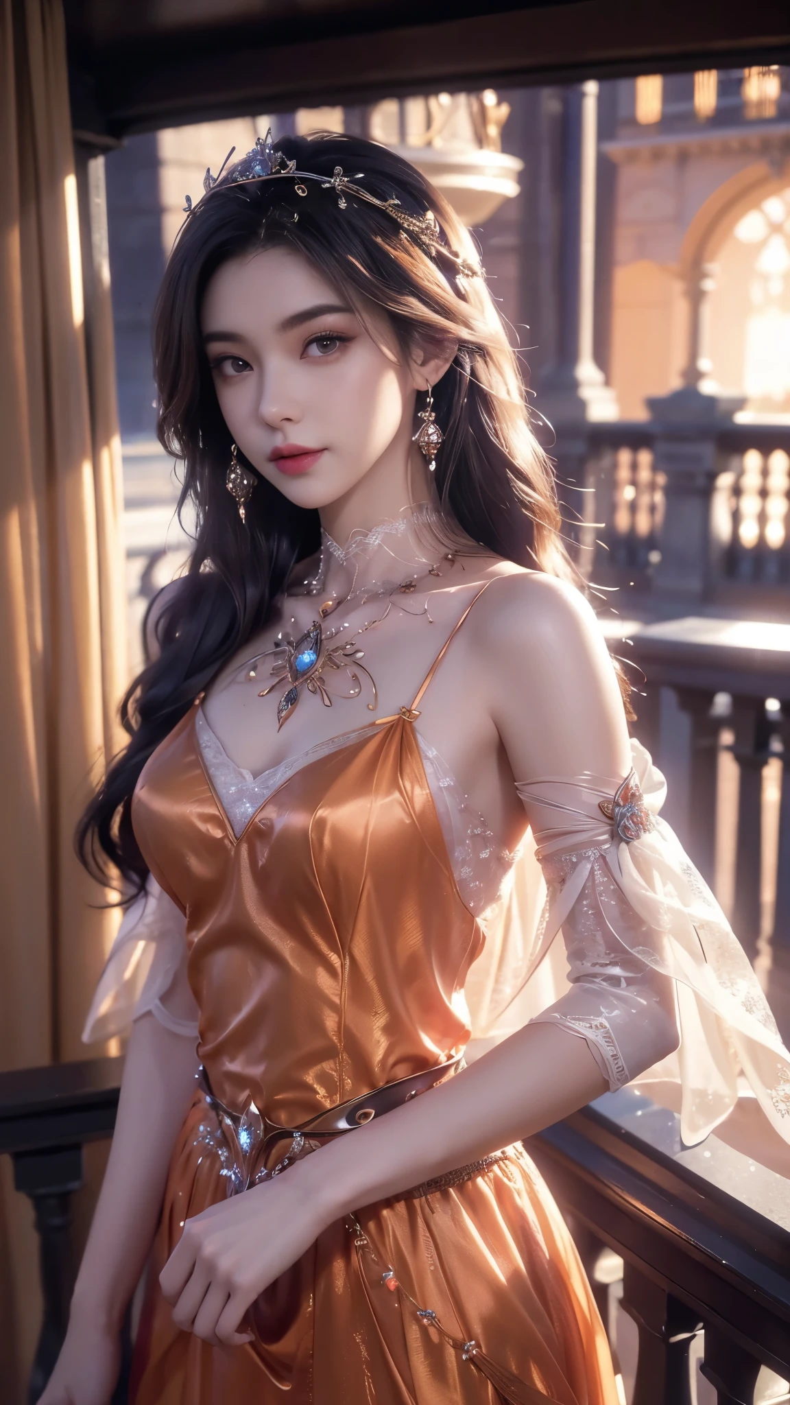 8K, UHD, MAsterpiece, best quality, 1 girl, ((realistic face)), happy pace, very long hair, small breasts, perfect waist, decorated dress, very beautiful ornaments dress, orange color, ((lace)), mesh dress, mesh cape flowing, sardine, loops, ((ornaments)), ((legendary night balcony)), depth of field, cinematic lighting, chromatic aberration, motion blur, glowing light, god rays, ray tracing, ((reflection light)), backlighting, bloom, chromatic aberration abuse, multiple monochrome, (((front body))),
