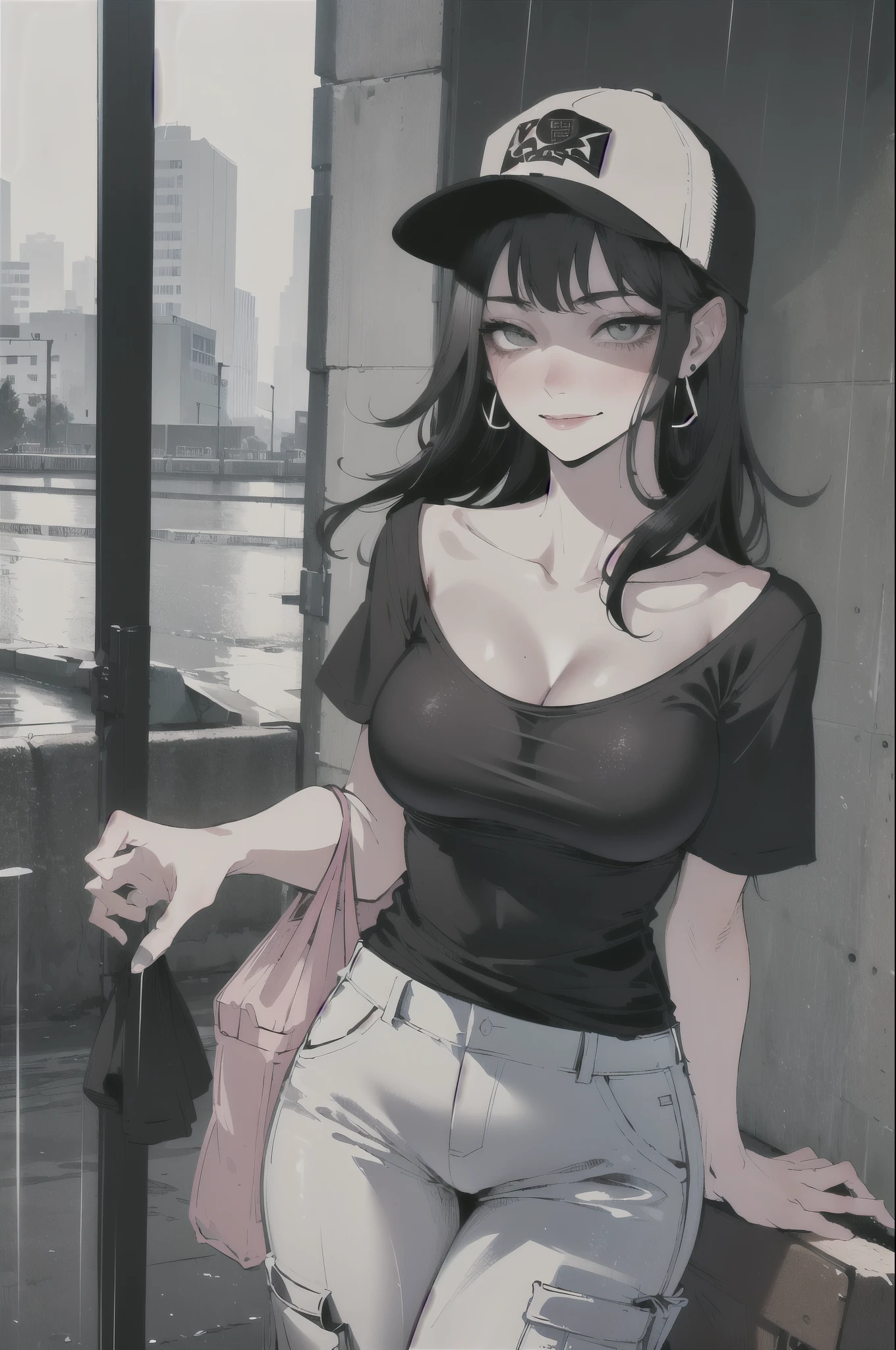 ultra resolution,
(photorealistic:1.3),
(1 slim girl), stylish girl, fashion,
young face, blush, (evil smile),
(slim) thigh,
baseball cap, earrings,
(black T-shirt), (baggy cargo pants),
gravure,
rainy city street
