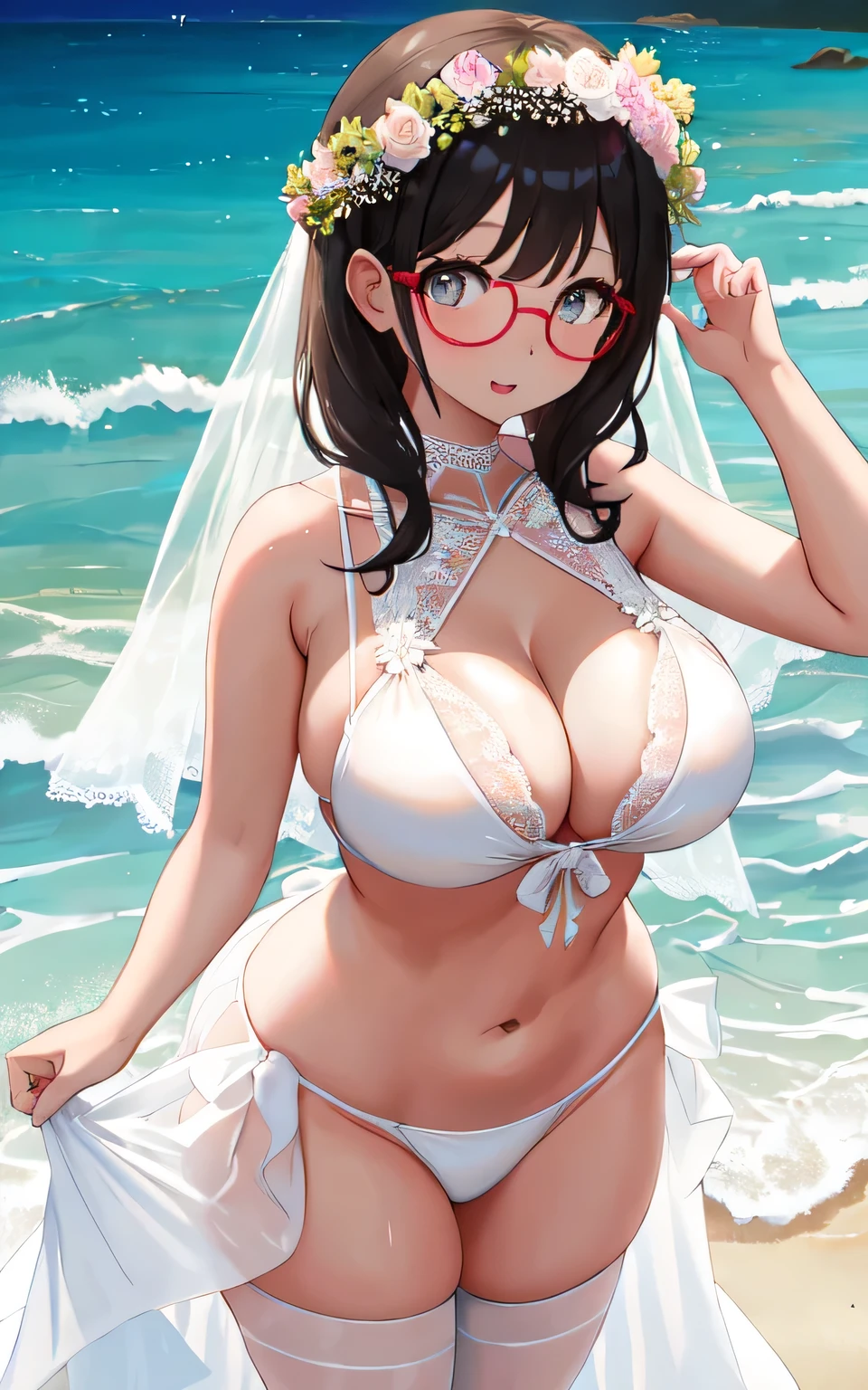 A with big breasts, plump figure, round, wearing a gradient wedding dress, lace bikini, bikini is lace cut-out, on the beach, wearing glasses and wearing thin tulle