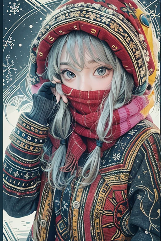 Realistic, High resolution, 1 Female, alone, Hip Up, View the viewer, (Detailed face), Colorful winter clothes, snow