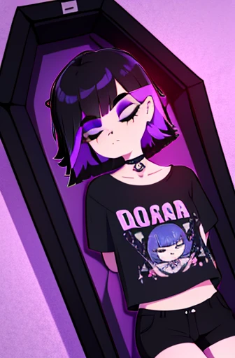 1girl, short hair, pixie cut, black hair, pink streaks, cross earrings,  freckles, black leather shorts, pockets, oversized t-shirt, purple shirt, with a spider on it, spider hair accessories, messy hair, face mask over mouth, fishnet stockings, laying in coffin, beautiful coffin design, eyes closed