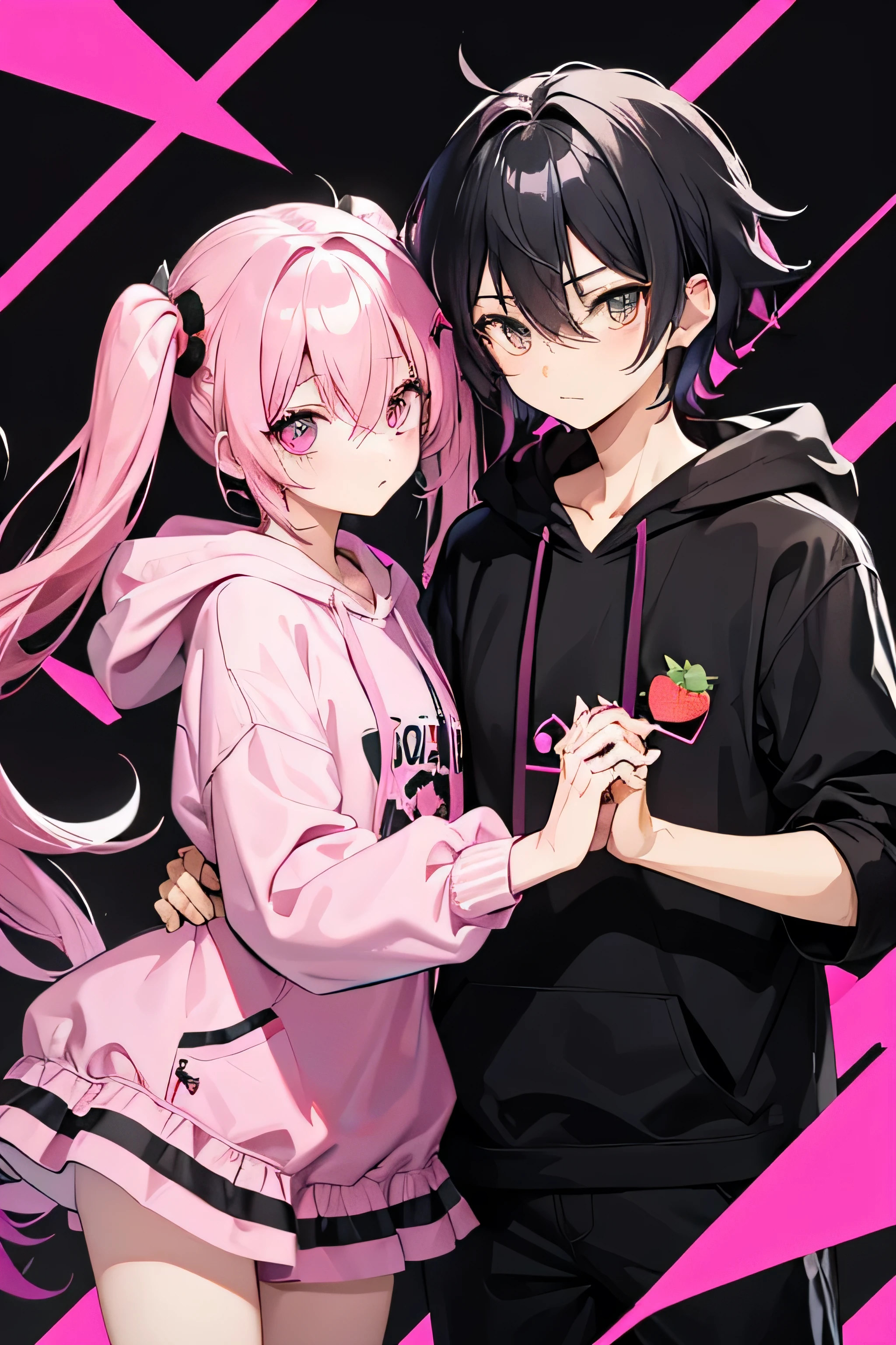 Pink hair, twin tails, pink eye color, , black hair, mash, black eye color, boy, mascot character, two people, girl, strawberry patterned pink dress, boy, hoodie, holding hands 